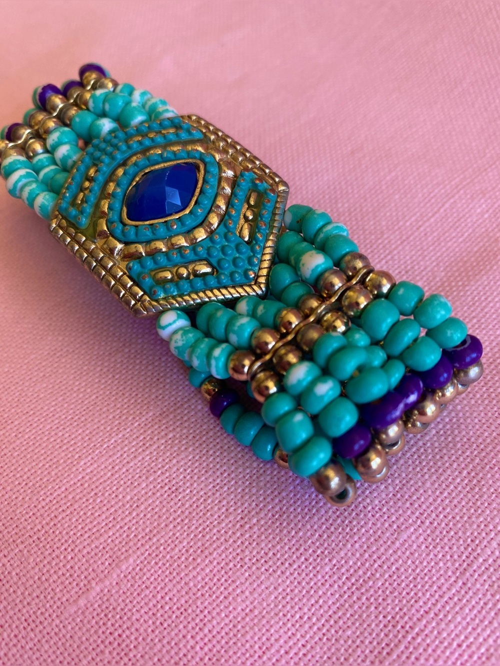 Turquoise Bracelet Beaded Stretchy Purple Gold Metal Octagon Navy Blue Green Gem - Picture 2 of 8